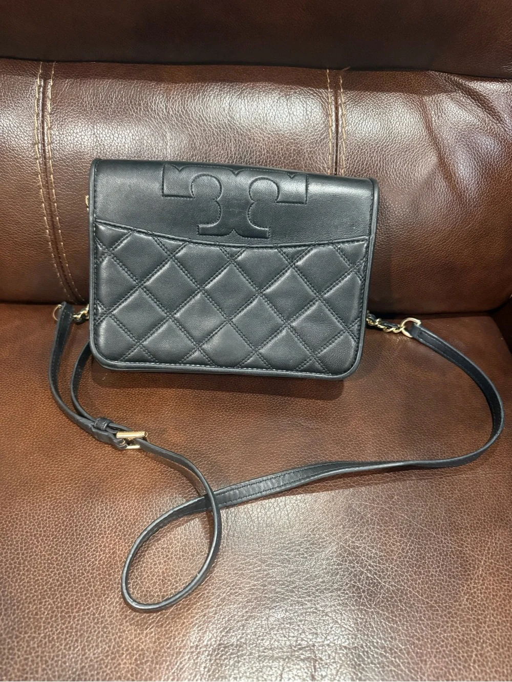Tory Burch Black Quilted Leather Crossbody with Logo Detail